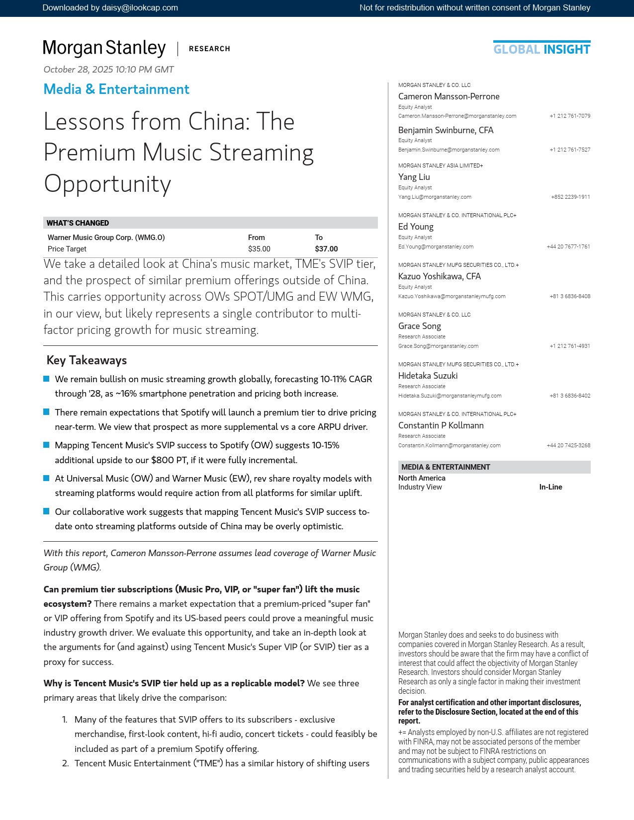 2025年中國(guó)流媒(méi)体音(yīn)乐市场的高端化机遇报告（英文版）-Morgan Stanley
